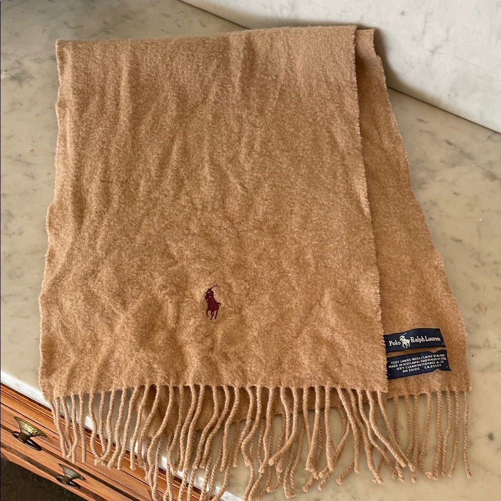 POLO RALPH LAUREN Camel Fringe Lambswool Scarf Vintage